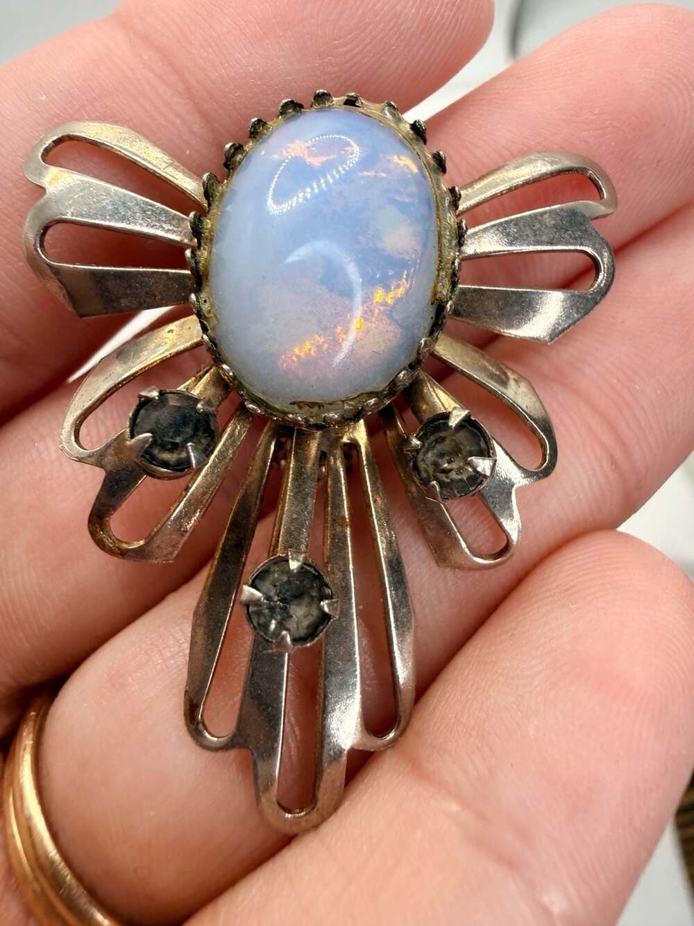 Vintage Silver Tone Opaline Glass Rhinestone Brooch